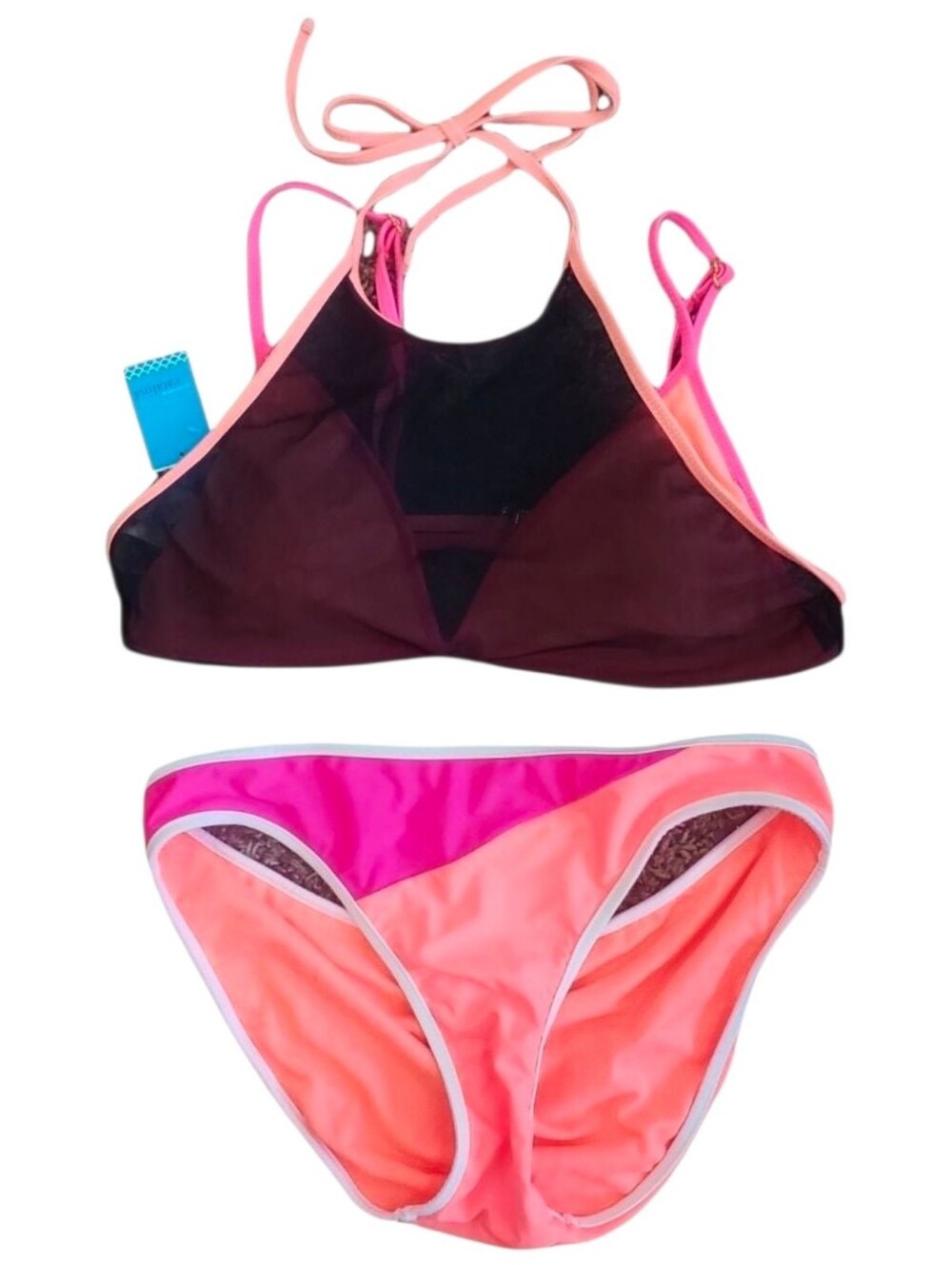 Catalina Mesh Overlay Bikini Set Neon Coral Pink Juniors Large 11/13 NWT